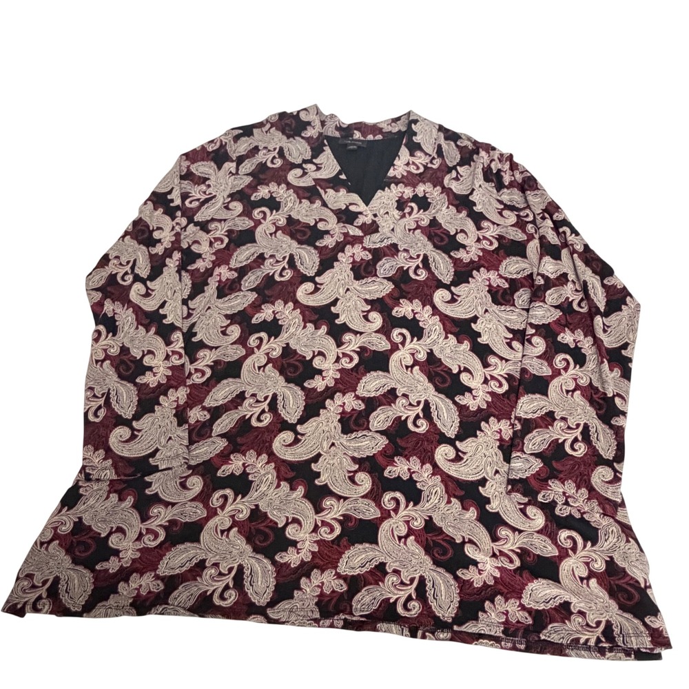 J. Jill Wearever Paisley V-Neck Tunic Top Black Burgundy Large Stretch Slits